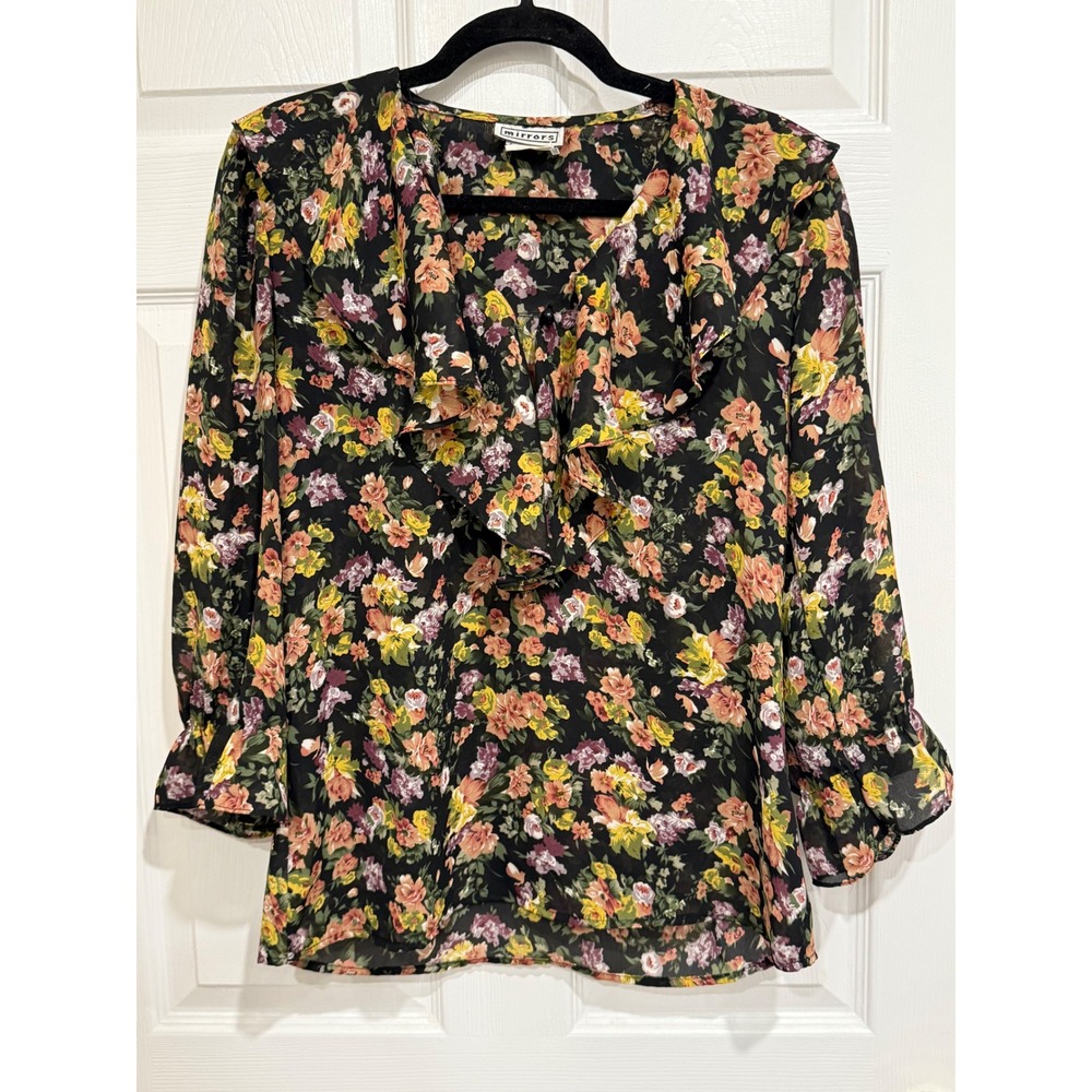 VTG 80s/90s Mirrors Floral Ruffle V-Neck Blouse Dark Floral Small Made in USA